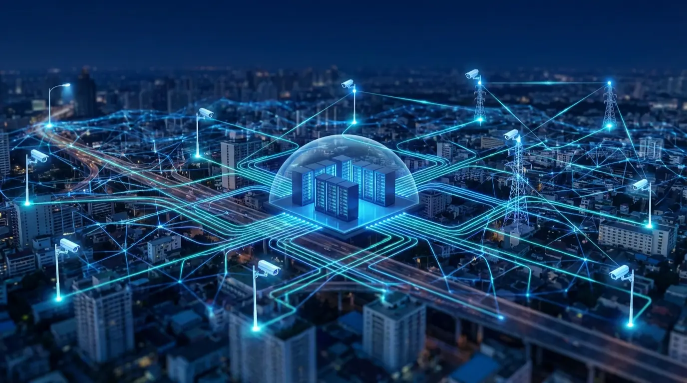 複数の監視カメラがネットワークで中央監視サーバーに接続されるシステムインテグレーションのイメージ