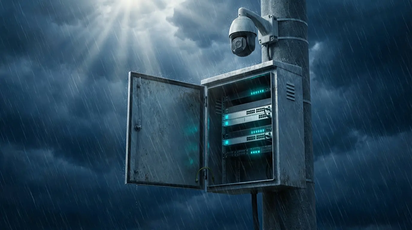 過酷な屋外環境に設置された耐候性キャビネットと監視カメラの安定稼働イメージ